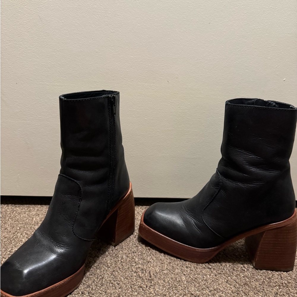 Free People Black Leather Platform Heeled Boots with Brown Wood Block Heel
